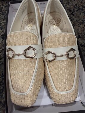 Vince Camuto Natural Woven Loafers with Cream Trim and Gold Bit